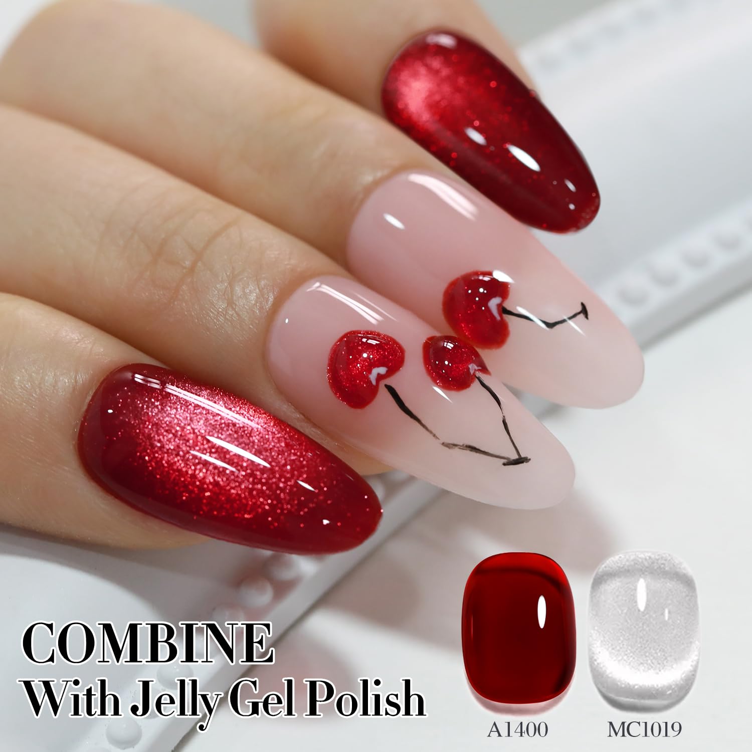 Double Rhythm gel polish on nails with base coat variety for different looks.