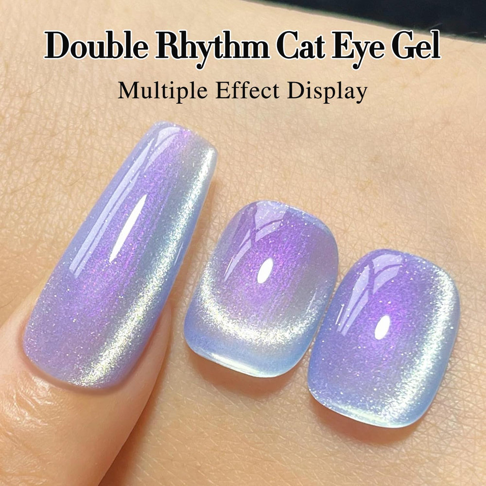 Double Rhythm base color swatches paired with cat-eye polish for diverse styles.