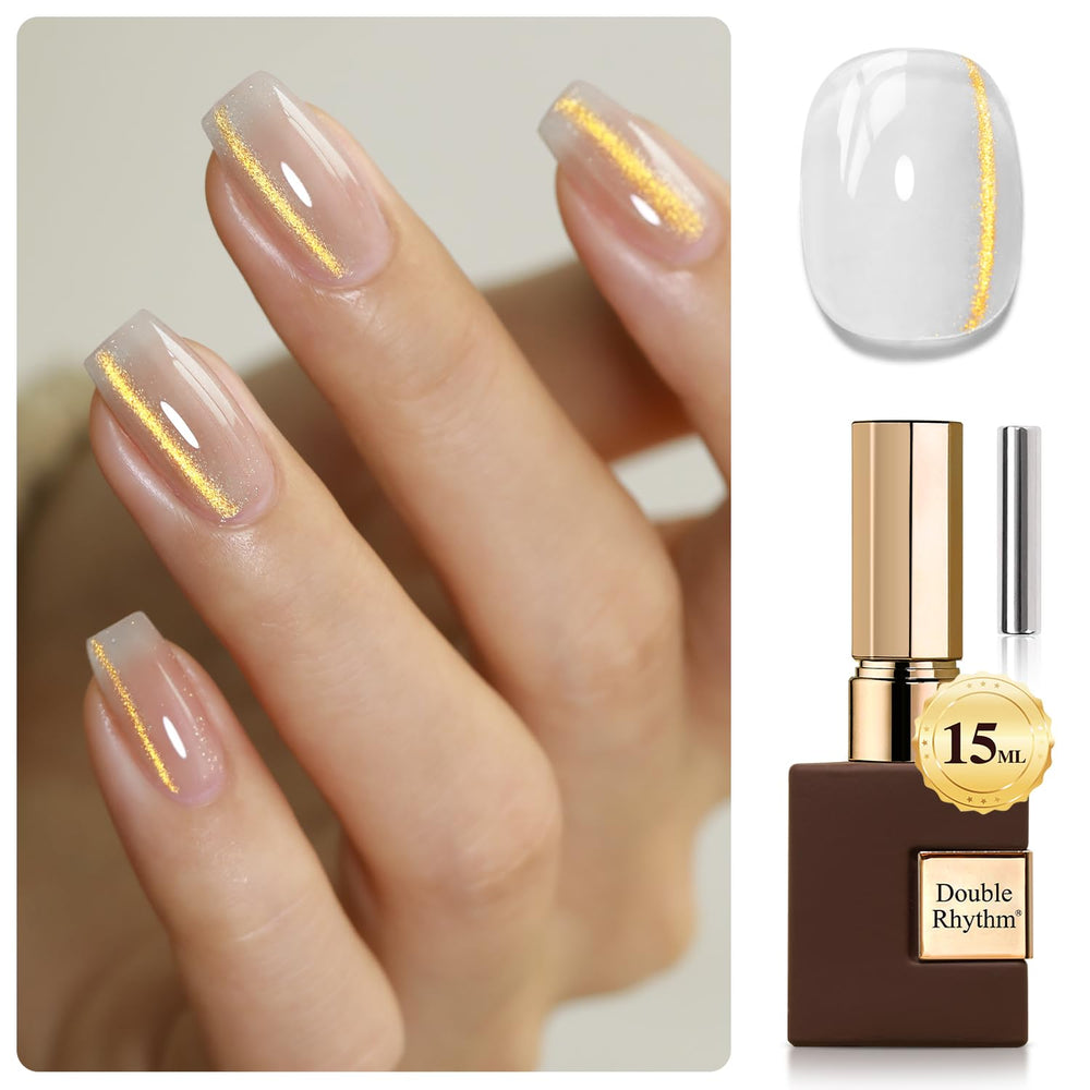 Double Rhythm cat eye gel polish bottle with holographic jelly gold finish.