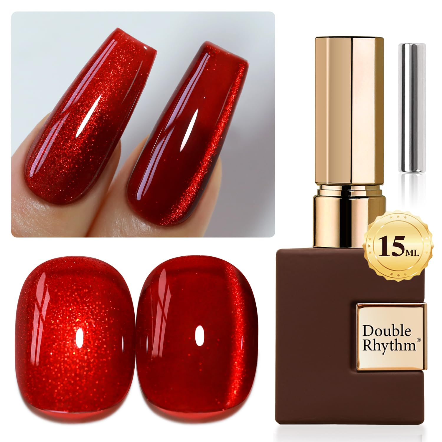 Double Rhythm cat eye gel polish bottle with magnet creates magnetic shimmer for nails.