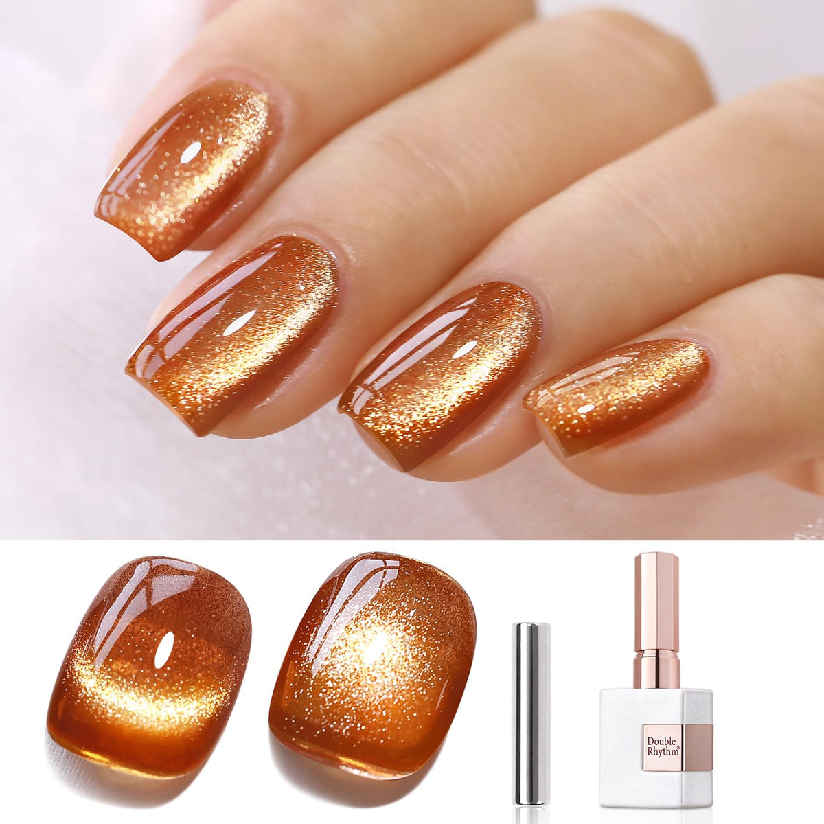 Double Rhythm cat-eye gel polish in brown with magnet for shifting shimmer.
