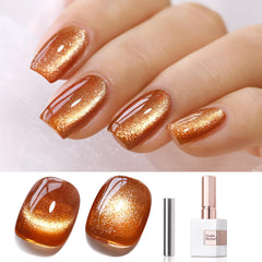 Double Rhythm cat-eye gel polish in brown with magnet for shifting shimmer.