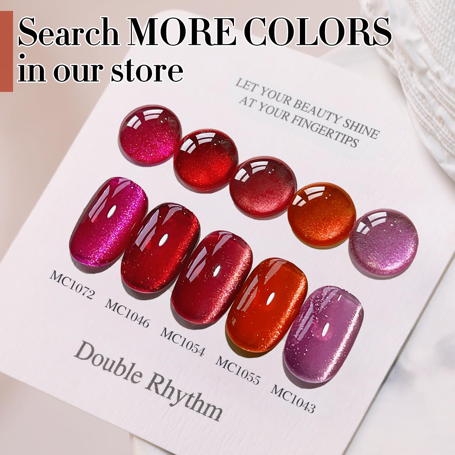 Double Rhythm easy-cure gel polish shines under LED UV lamps for durable color.