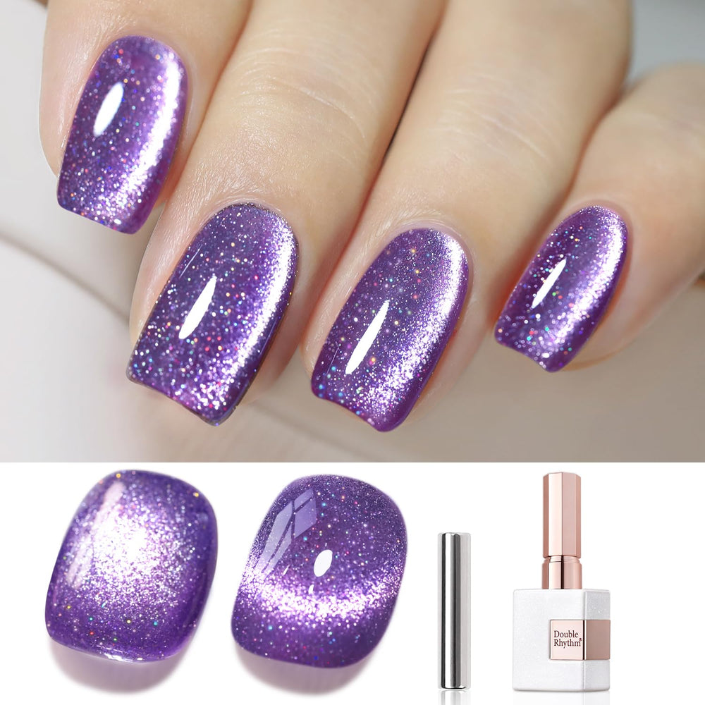 Double Rhythm cat eye gel polish bottle with dark purple magnet shimmer for at-home nails