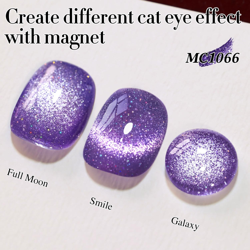 Double Rhythm cat eye gel polish on dark purple nails under bright light