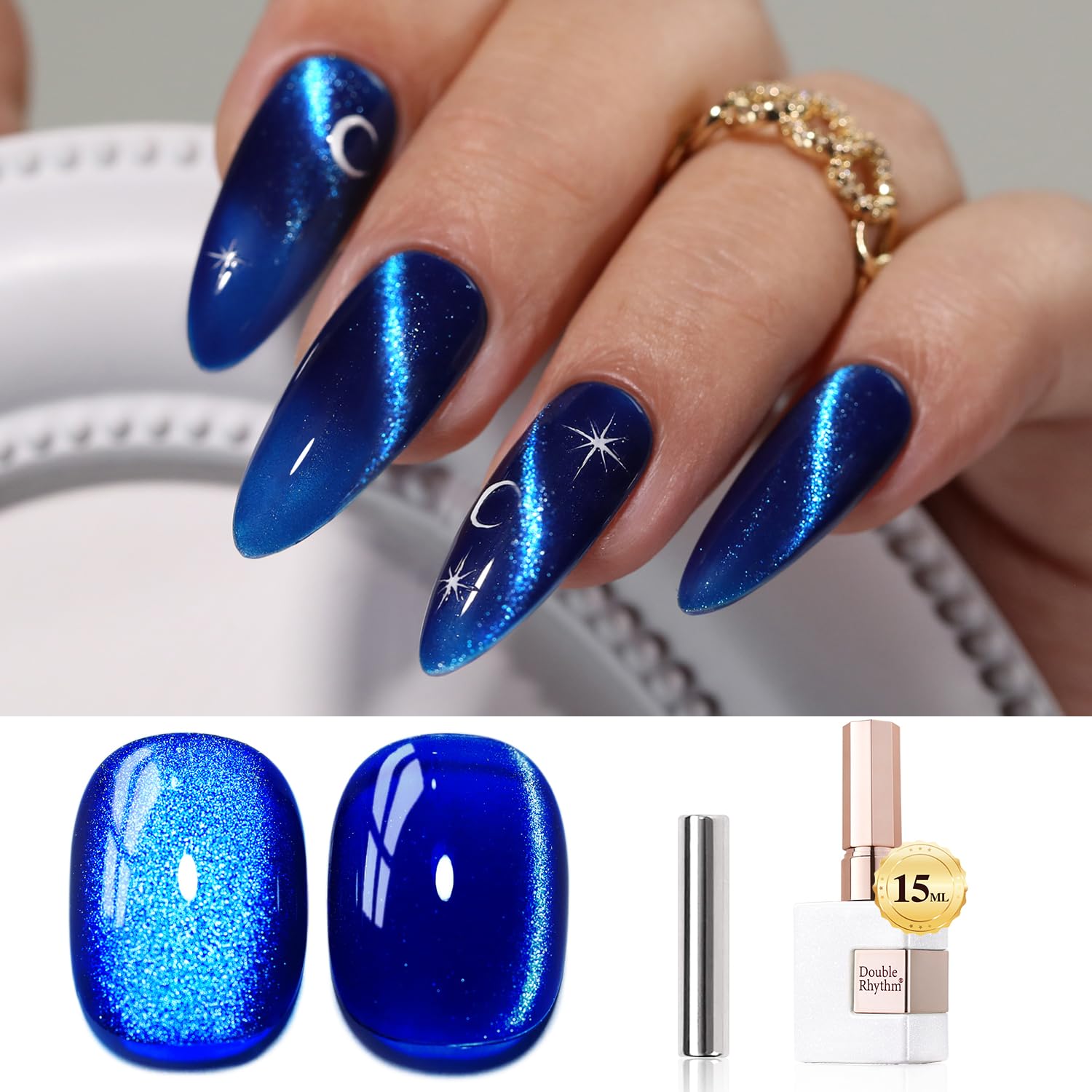 Double Rhythm cat-eye gel polish with magnet creates a radiant holographic effect on nails.