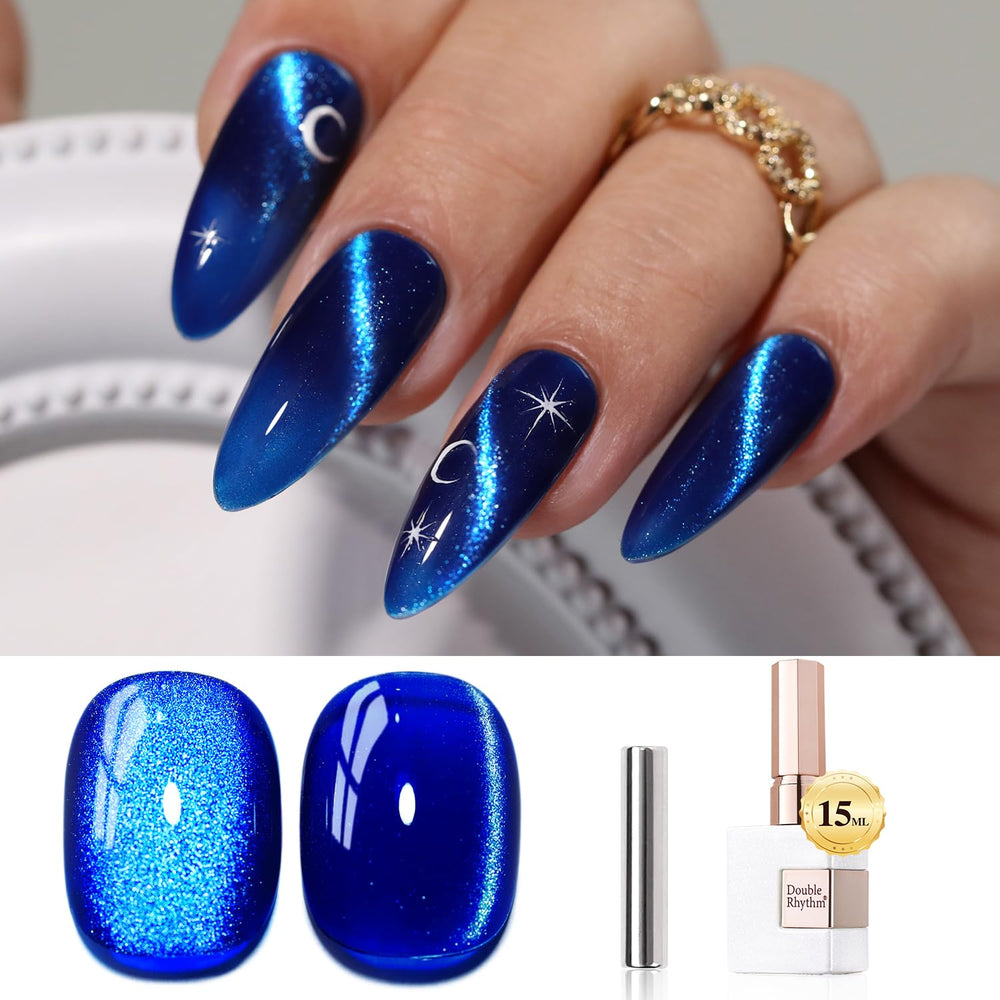 Double Rhythm cat-eye gel polish with magnet creates a radiant holographic effect on nails.
