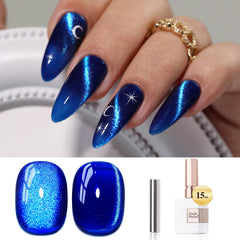 Double Rhythm cat-eye gel polish with magnet creates a radiant holographic effect on nails.
