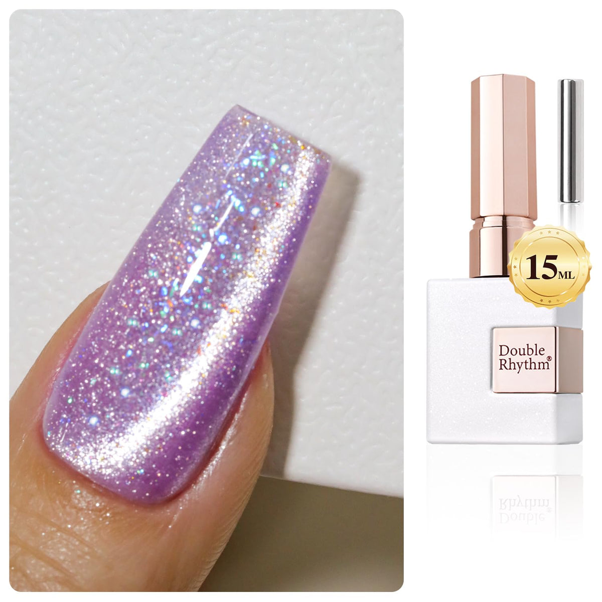 Double Rhythm cat eye gel polish with magnet showing rainbow purple cat-eye effect at home