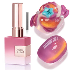 Double Rhythm cat eye gel polish with magnet creates a rose glow for at-home manicure.