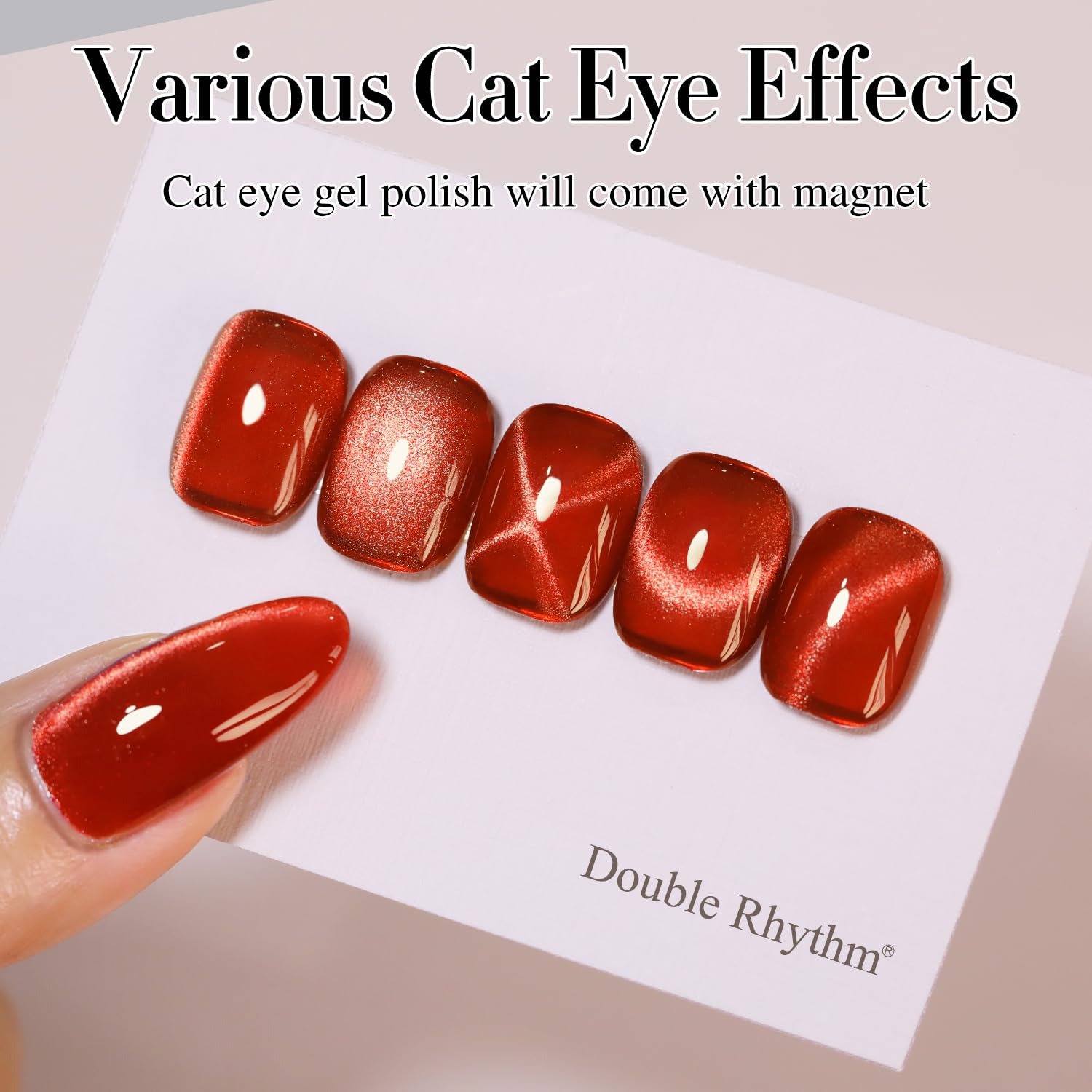 Double Rhythm magnetic streak reveals cat-eye effect across cure times.