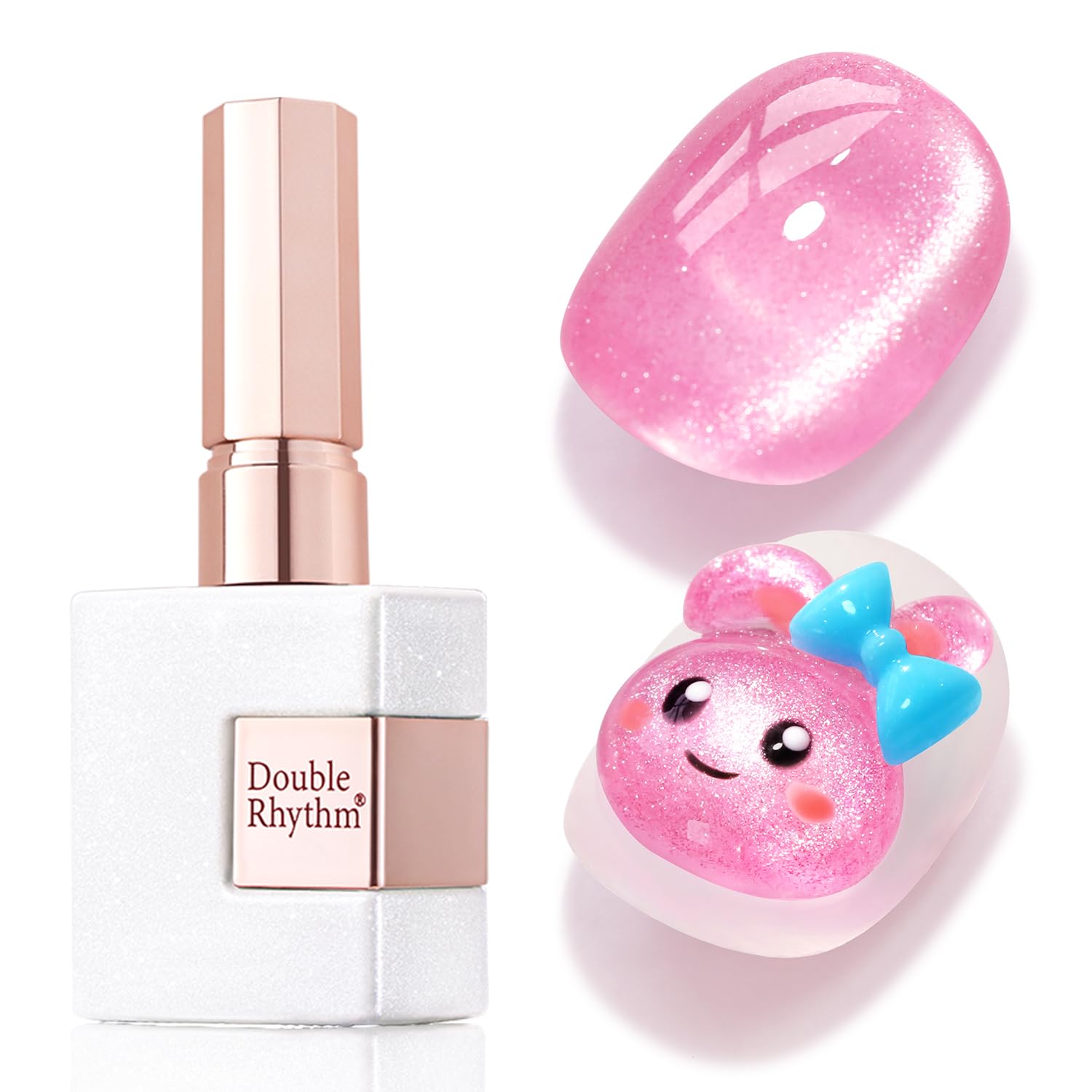 Double Rhythm cat eye gel polish in pink with magnetic shimmer for chic nails.