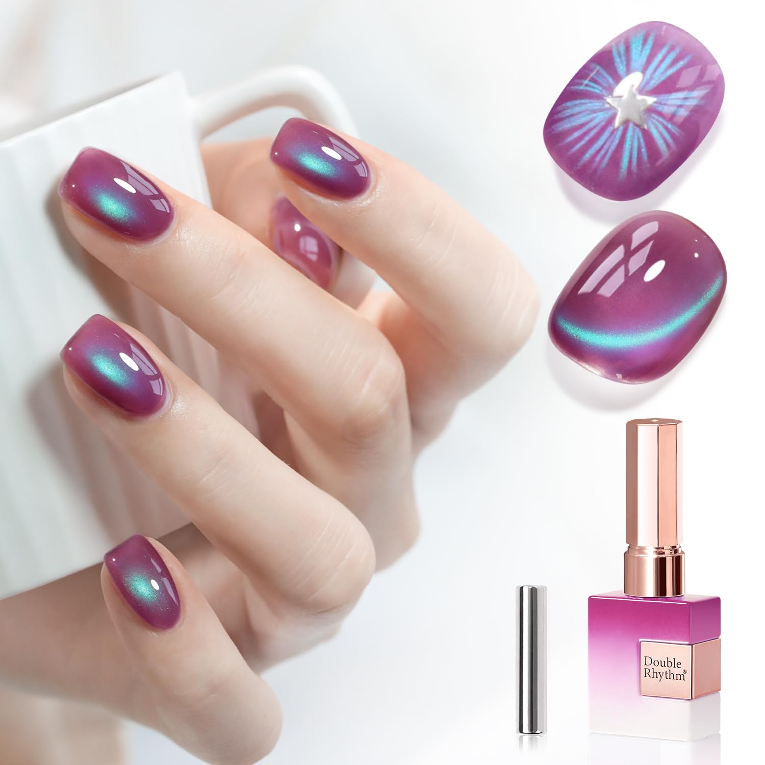 Double Rhythm cat eye gel polish purple green MC1258 bottle ready for at-home manicure.