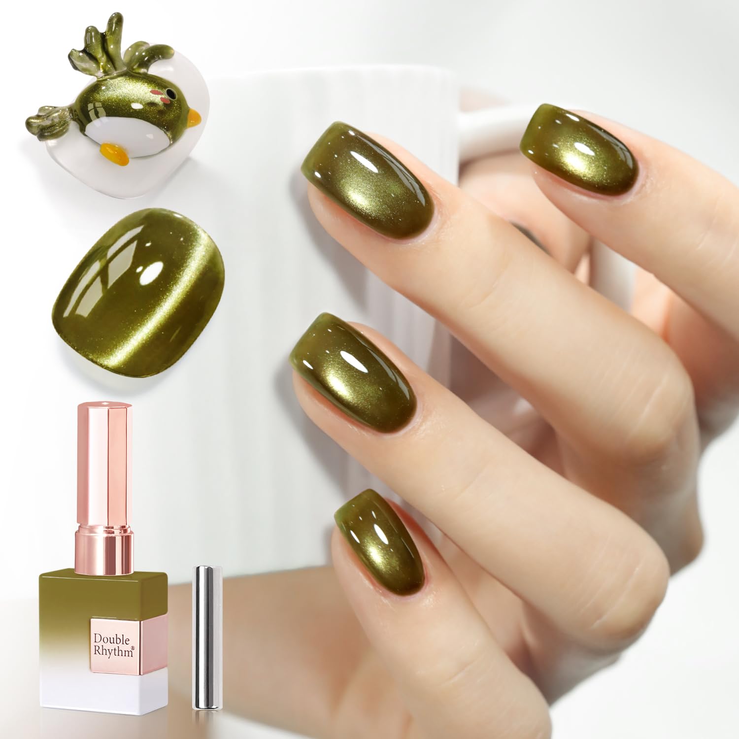Double Rhythm cat-eye gel polish Sage Green bottle with magnetic shimmer for chic nails.