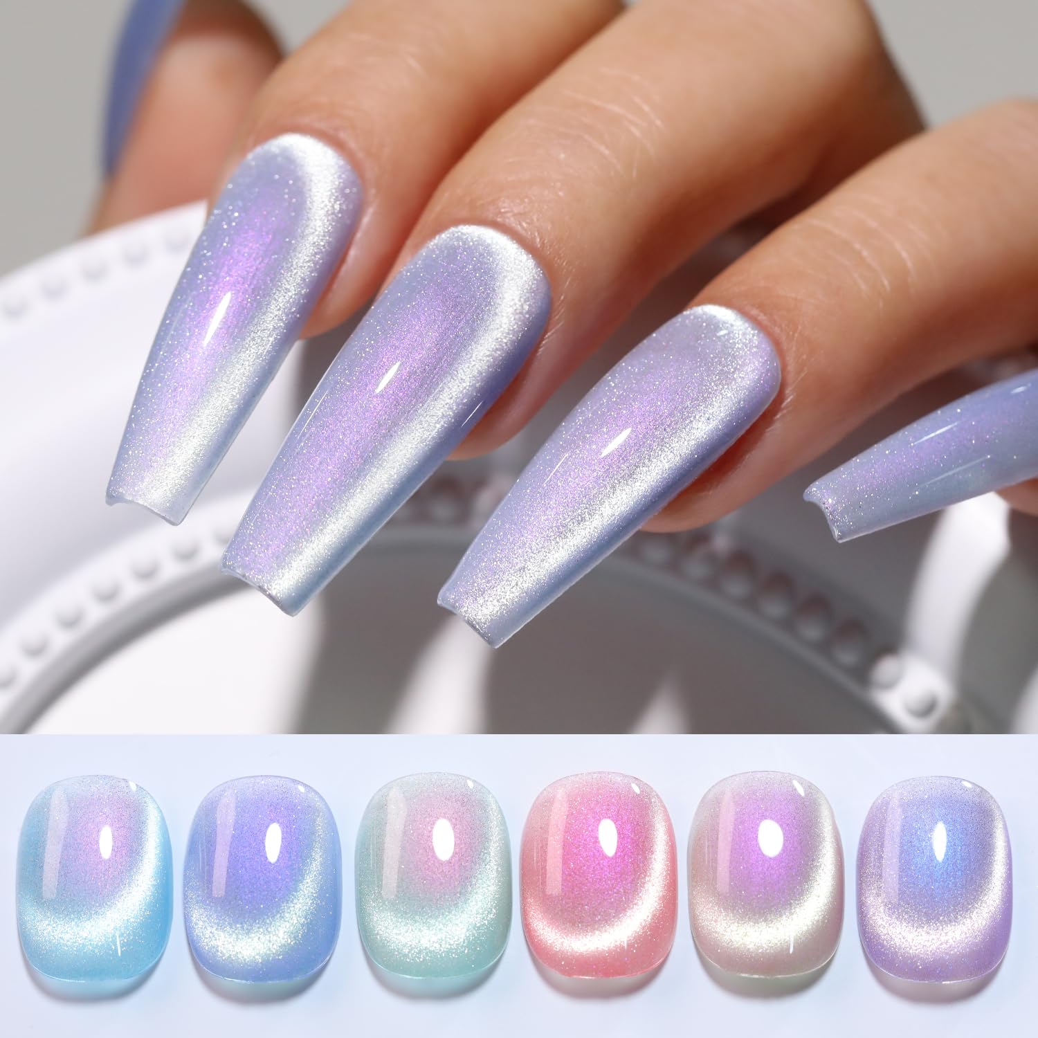 Double Rhythm cat eye gel polish set for customizable DIY nail designs.