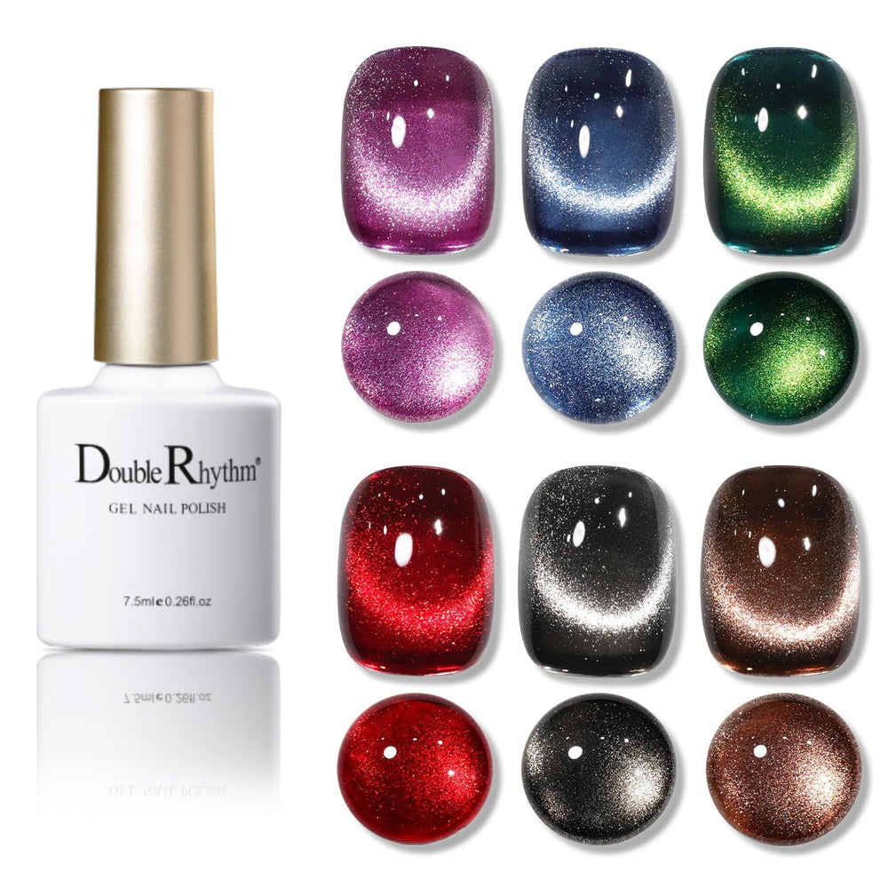 Double Rhythm cat eye gel polish set with magnetic tool for customizable nail art.