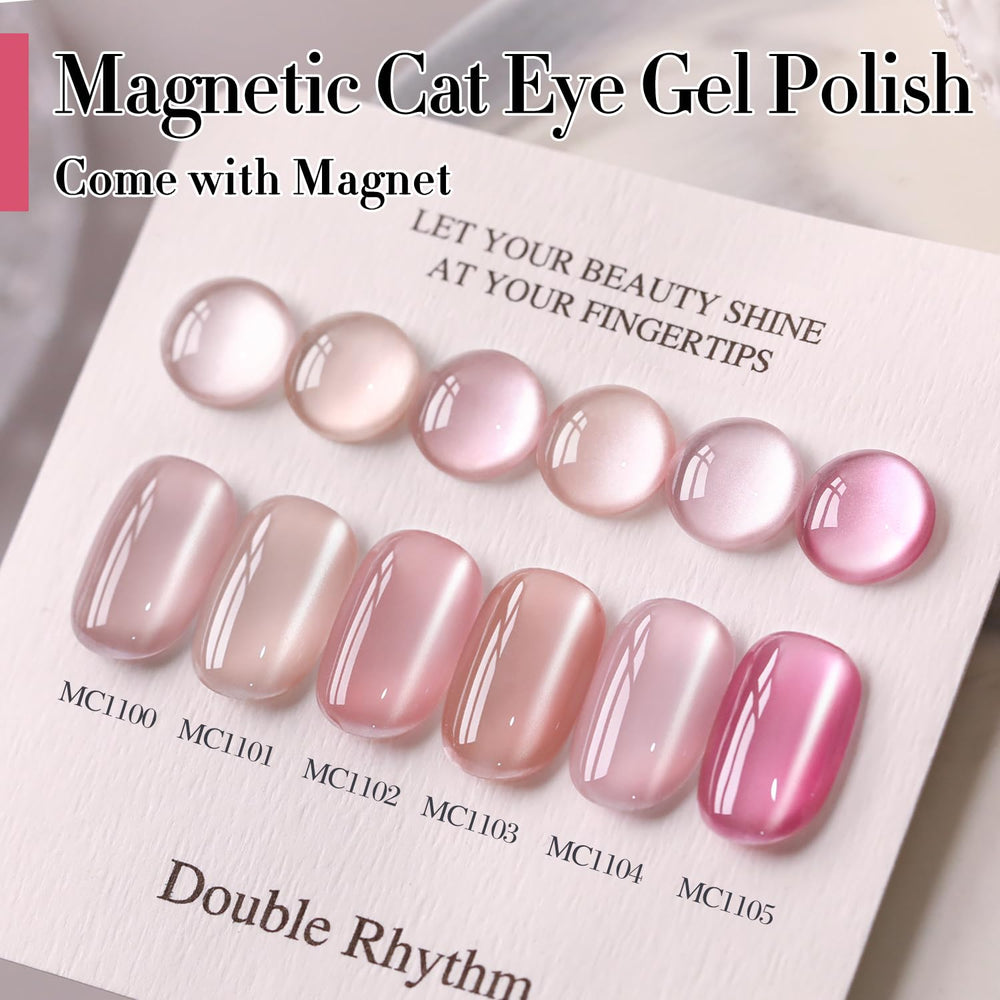 Double Rhythm cat-eye glitter pink bottle glows under LED lighting.