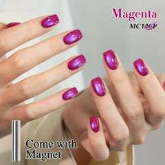 Magnet close-up demonstrates dramatic cat-eye shift on the gel.