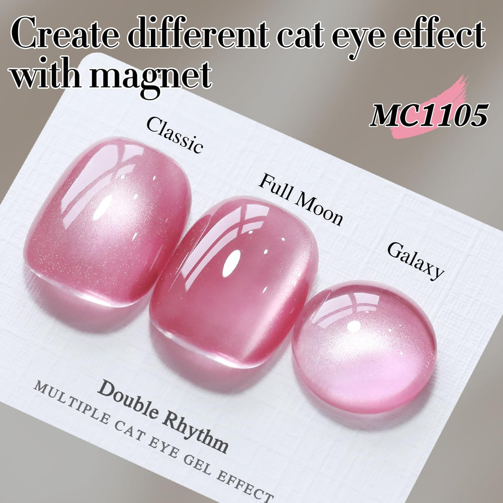 Double Rhythm magnet cat-eye effect highlights shimmering color for unique nail art.