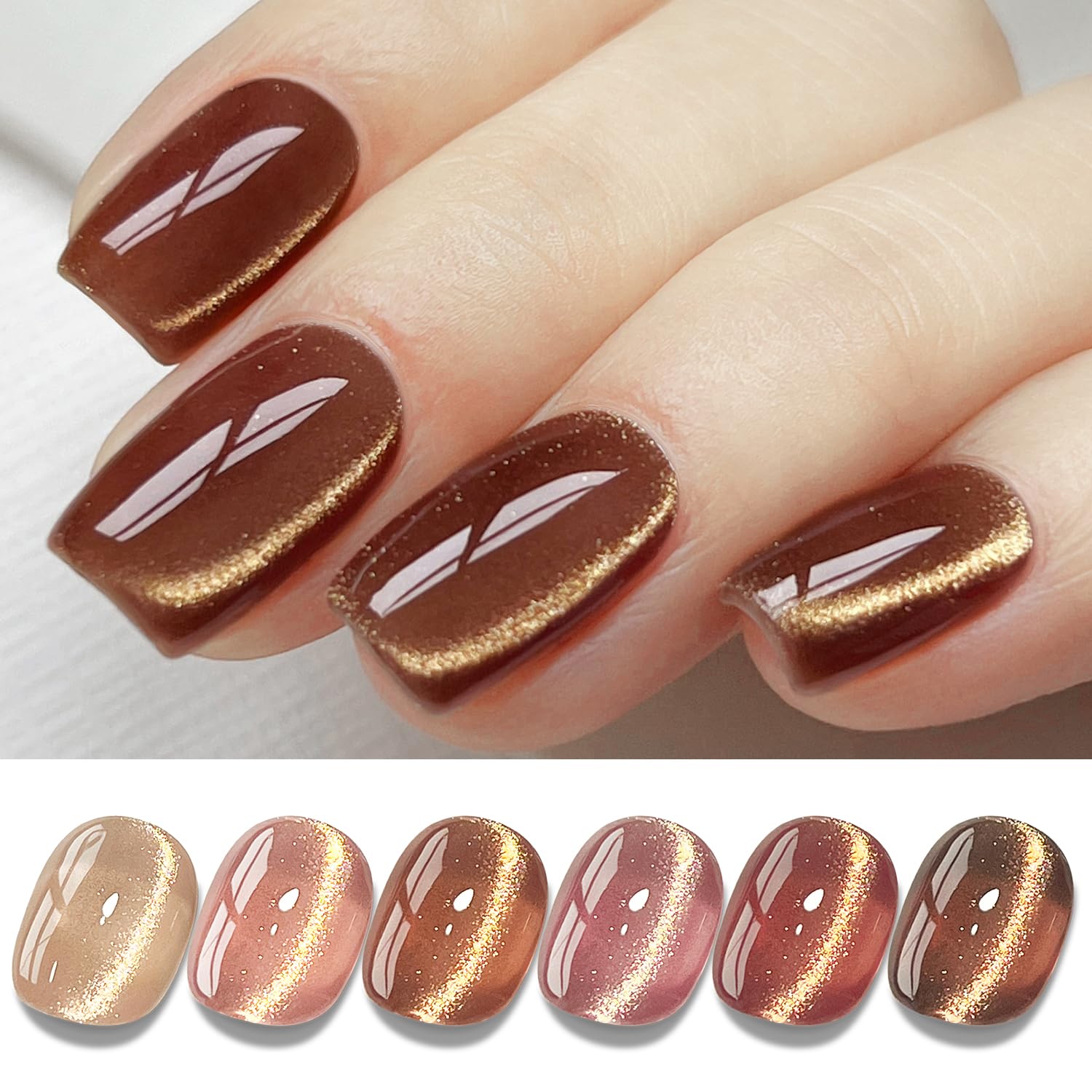 Double Rhythm cat eye gel polish set shown in six colors for dynamic shifts