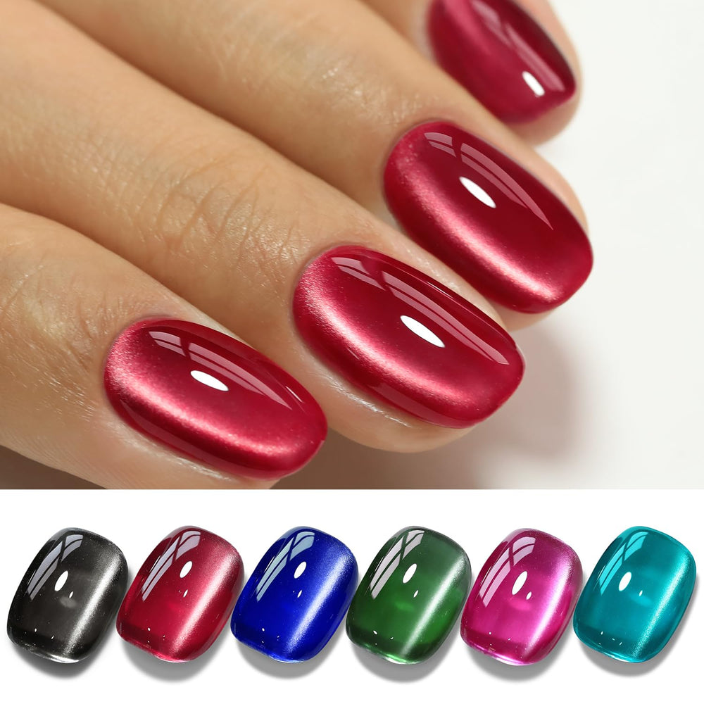 Double Rhythm Cat Eye Polish in black shows magnetic shimmer on a bold nail look.