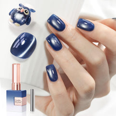 Double Rhythm Blue Coral cat eye polish bottle front with holographic shimmer