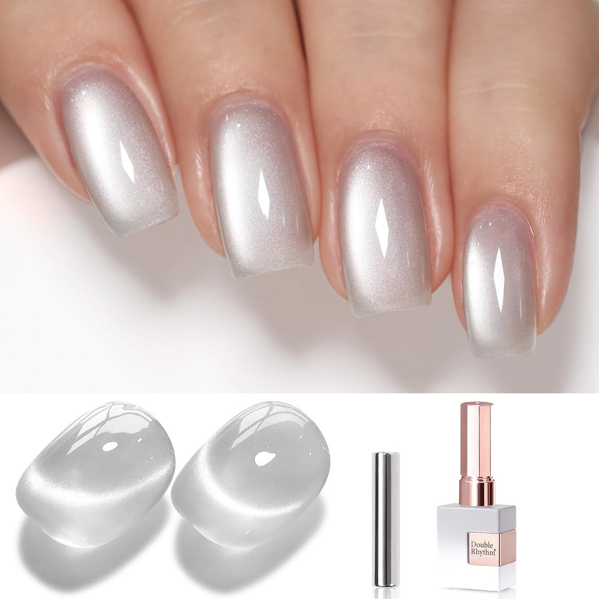 Double Rhythm cat eye polish bottle closeup shows holographic shimmer for bold nails.