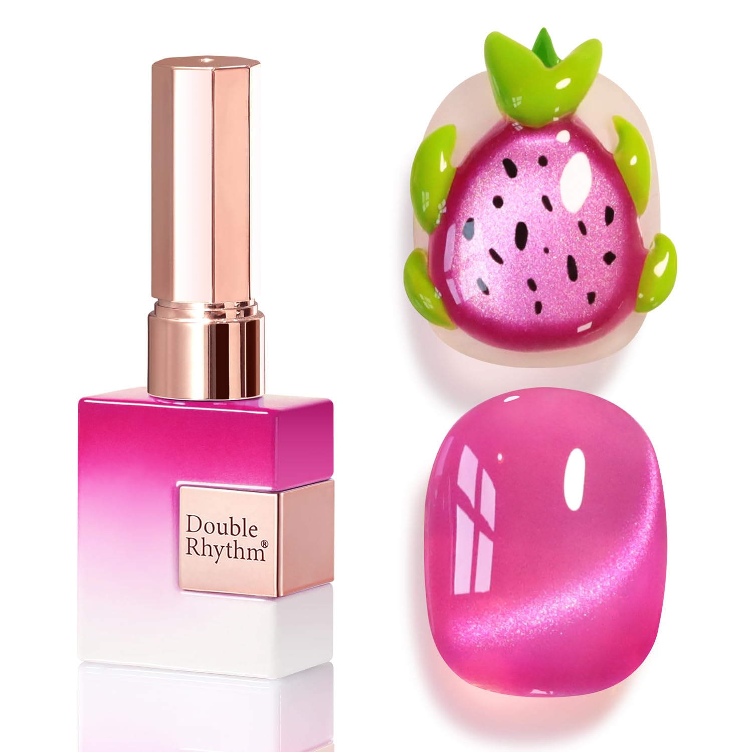 Double Rhythm cat-eye polish in glass purple 15ml bottle with magnetic shimmer for dramatic depth.