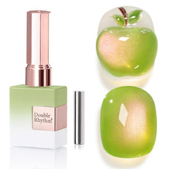 Double Rhythm cat-eye polish bottle in green-pink with magnetic shimmer.