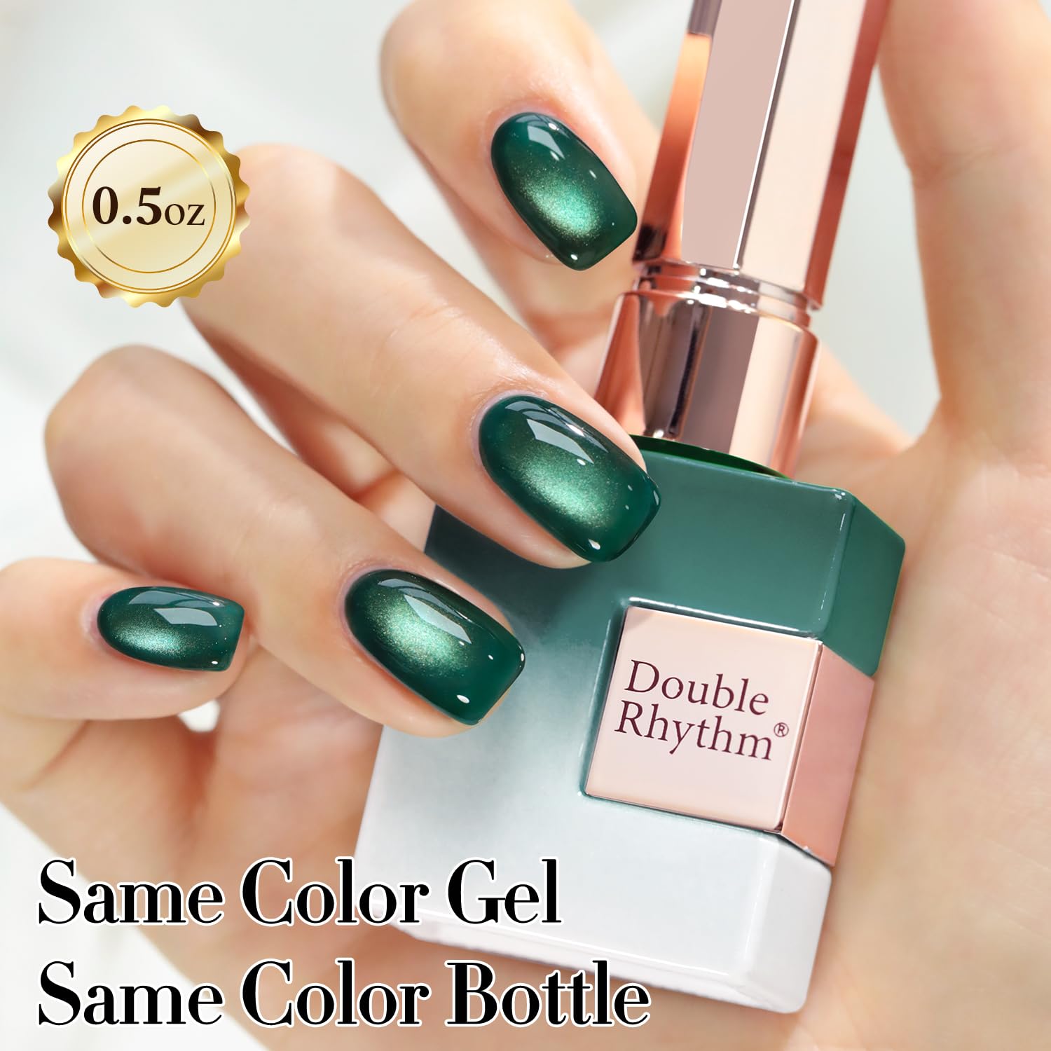 Nails styled with Double Rhythm winter green cat eye polish at home