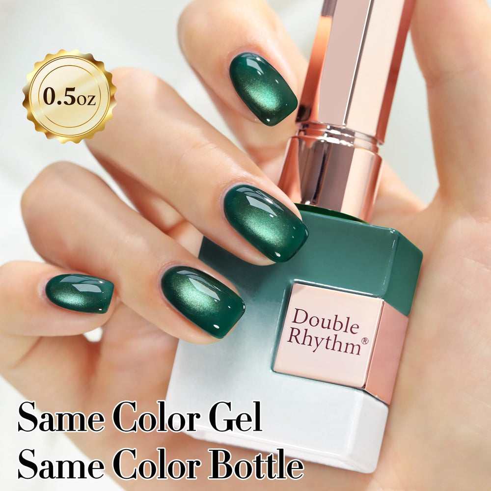 Nails styled with Double Rhythm winter green cat eye polish at home