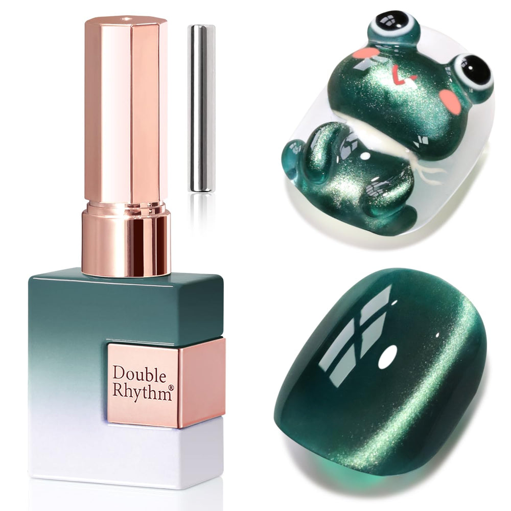 Double Rhythm winter green cat eye polish bottle showing magnetic shimmer