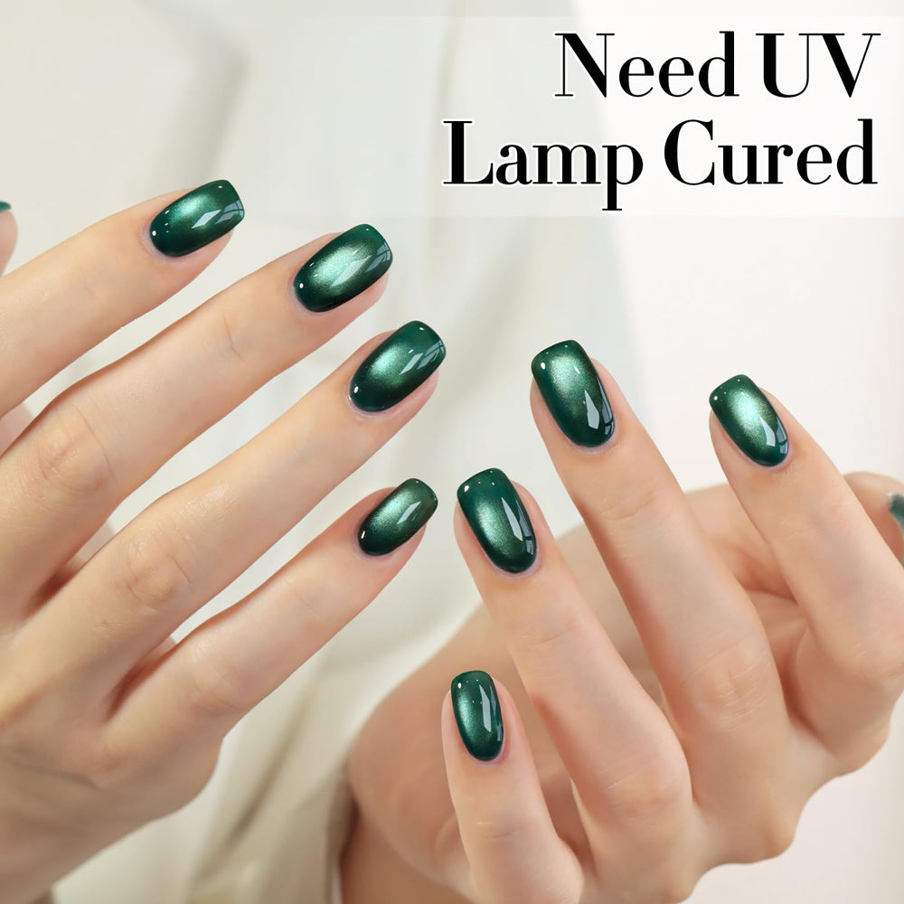 Nail swatch of Double Rhythm winter green jelly cat eye polish