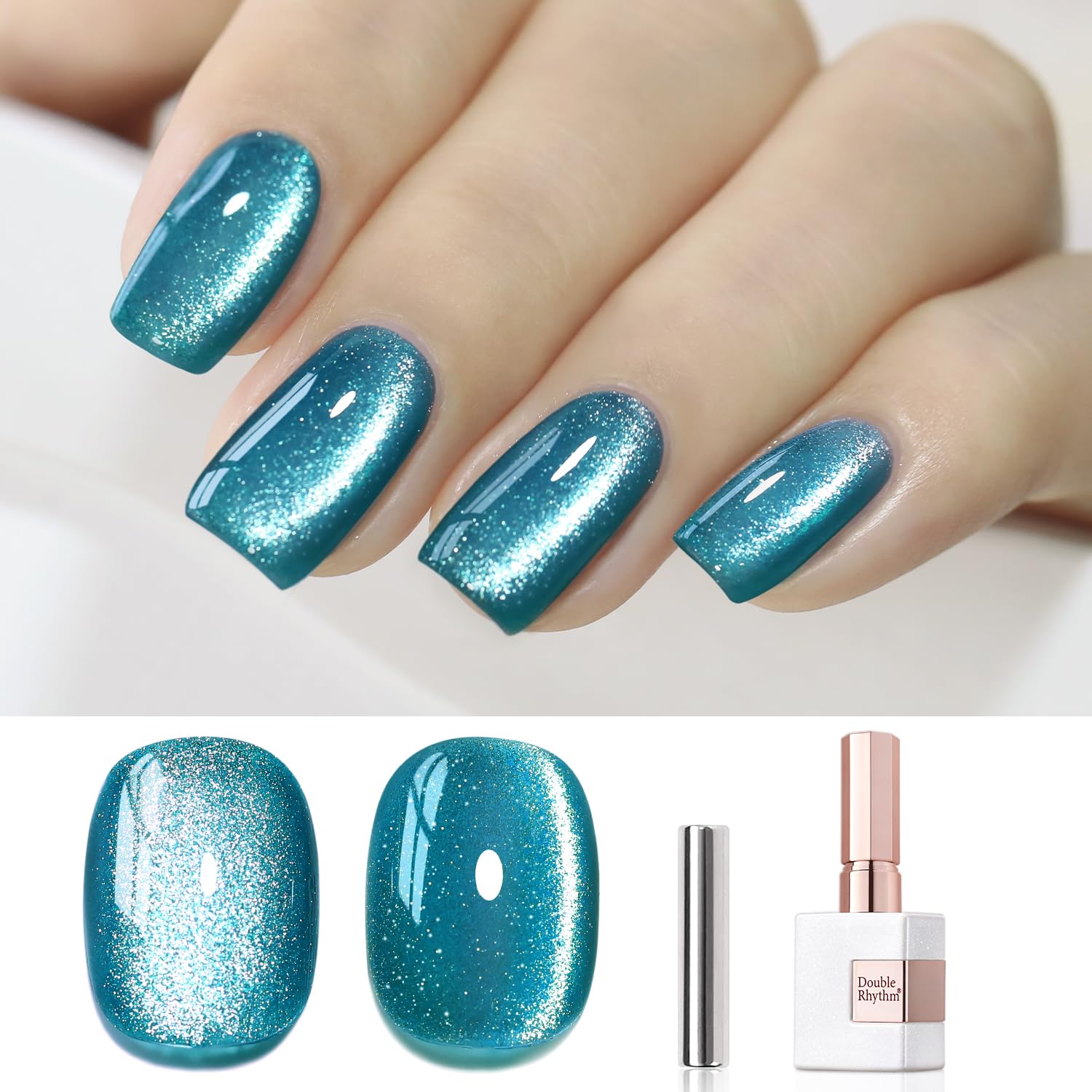 Double Rhythm cat eye teal gel polish bottle with magnet for dramatic shimmer