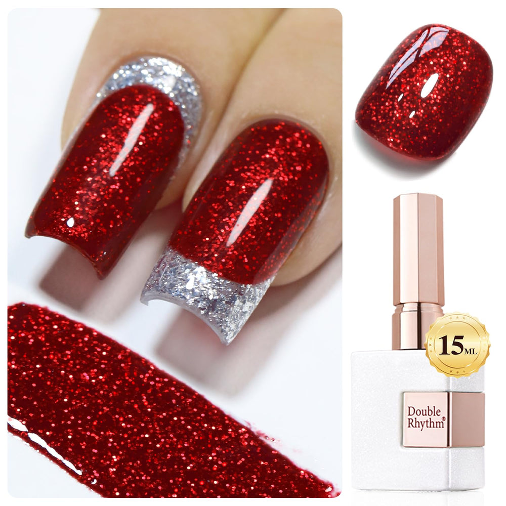 Double Rhythm Cherry Red Glitter Gel Polish bottle shows rich color and shimmer.