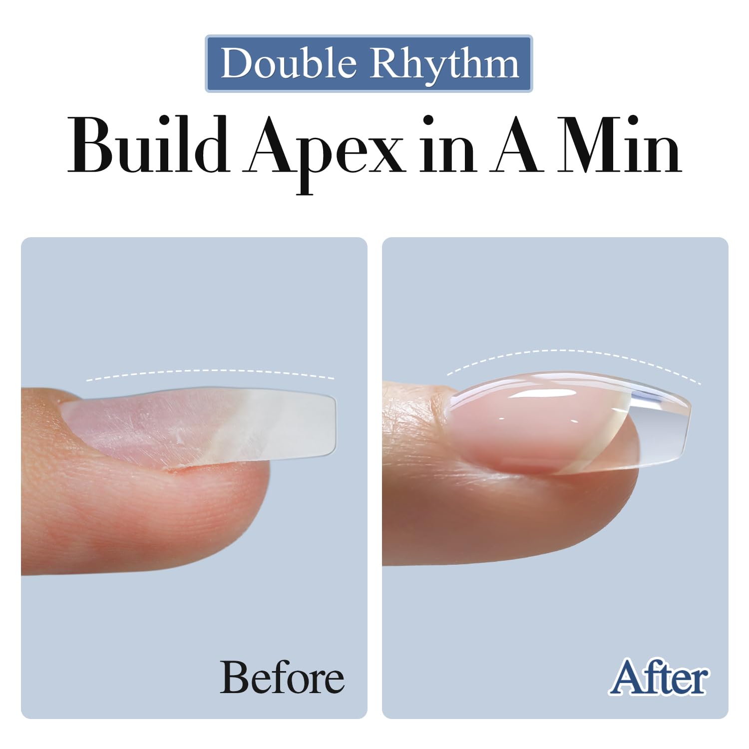 Double Rhythm clear builder gel applied on nail for length and thickness.