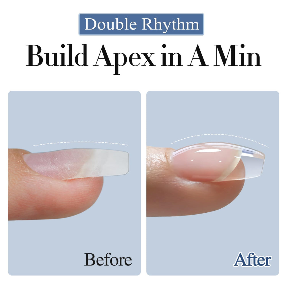 Double Rhythm clear builder gel applied on nail for length and thickness.