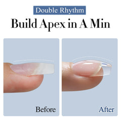 Double Rhythm clear builder gel applied on nail for length and thickness.
