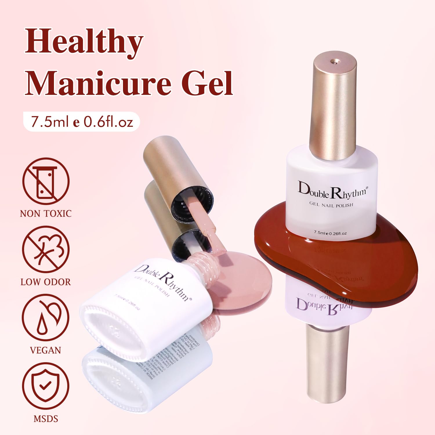 Double Rhythm gel polish bottles with clear color labels for easy selection.