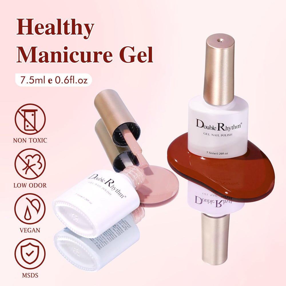 Double Rhythm gel polish bottles with clear color labels for easy selection.