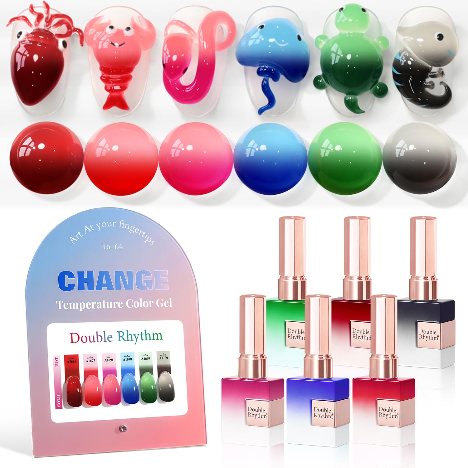 Double Rhythm color-changing gel polish collection in 15ml bottles for at-home use.