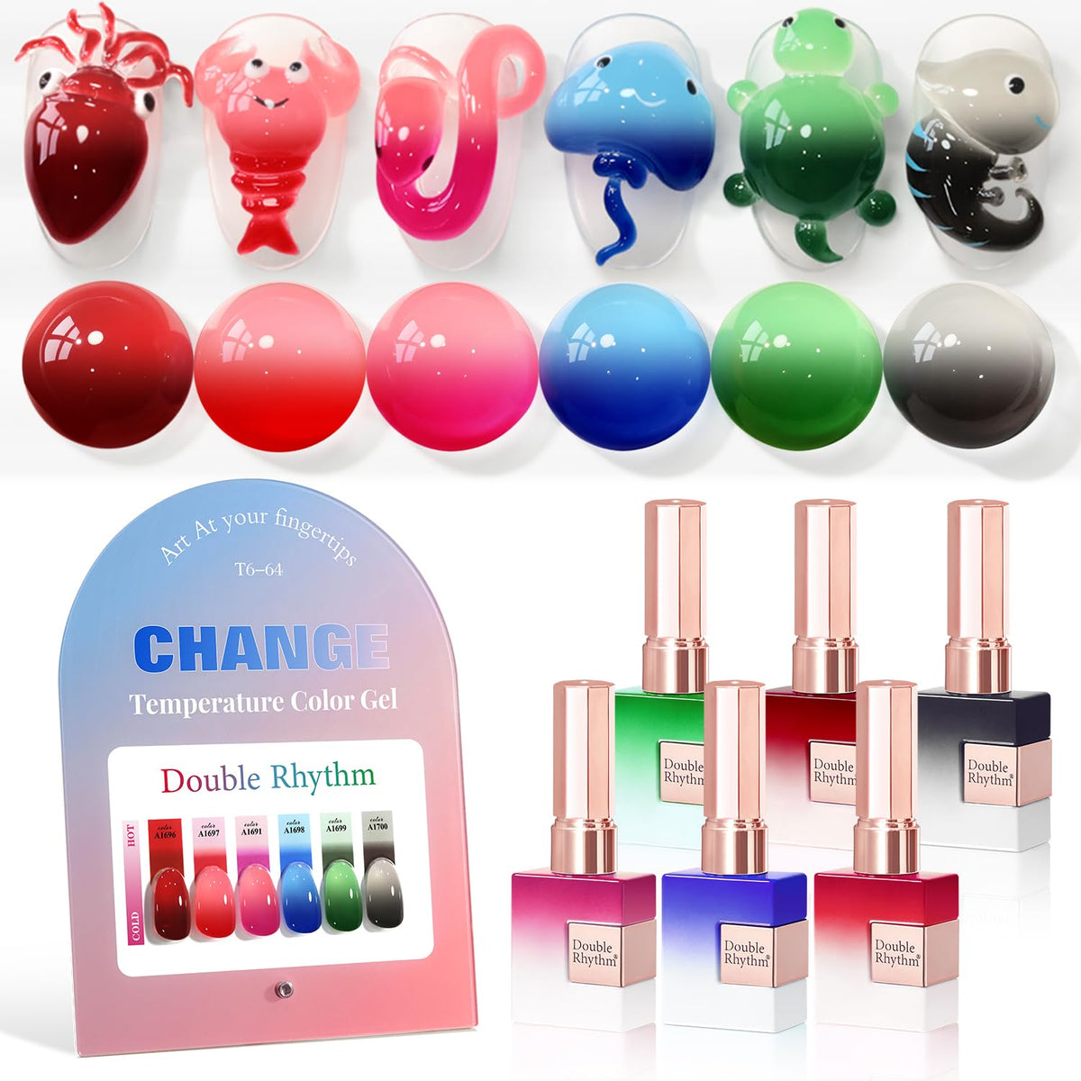 Double Rhythm color-changing gel polish collection in 15ml bottles for at-home use.