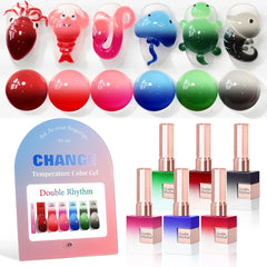 Double Rhythm color-changing gel polish collection in 15ml bottles for at-home use.