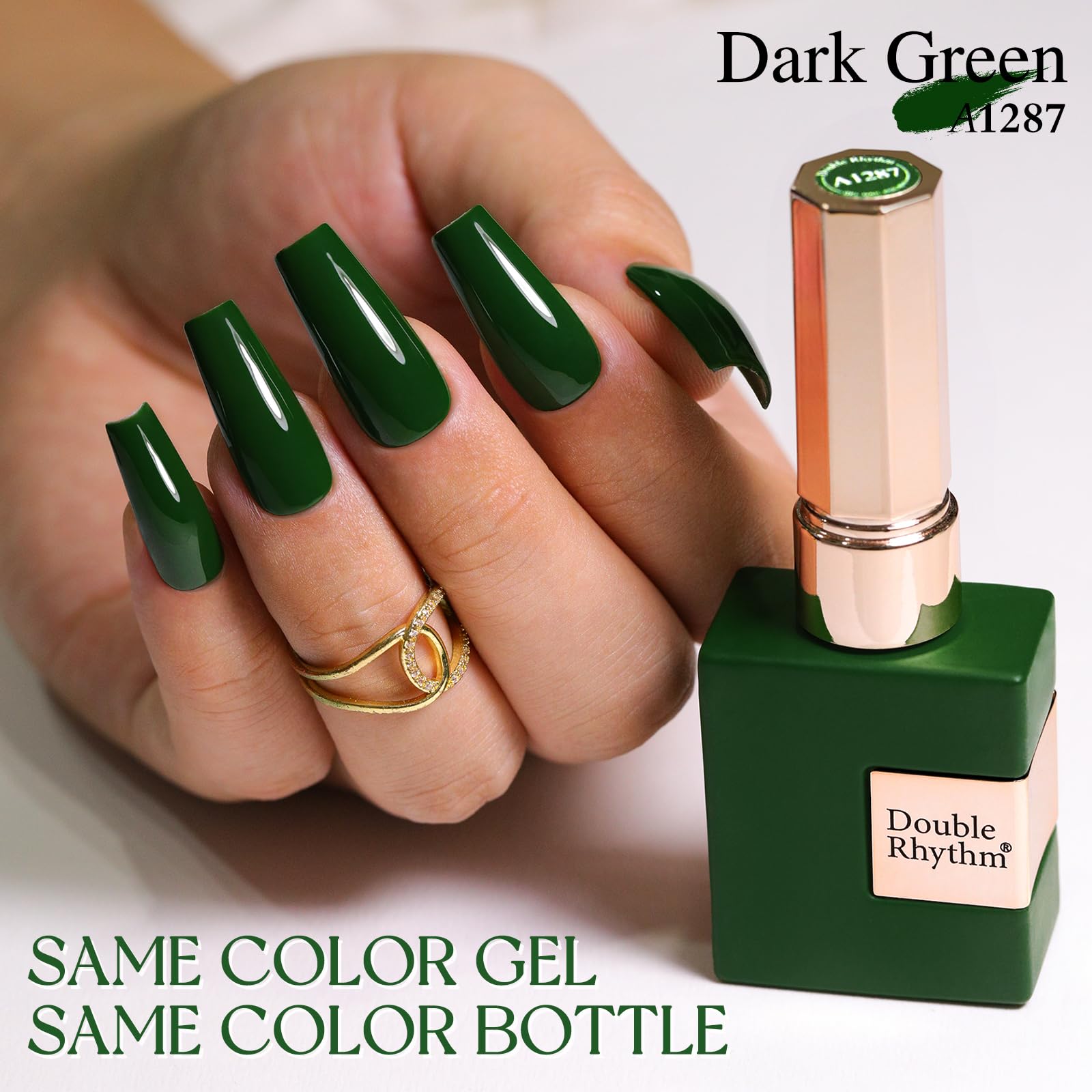 Dark green gel color swatch showing sheer, buildable coverage