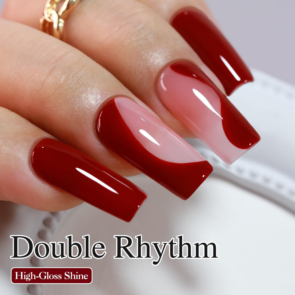 Double Rhythm dark red gel polish color swatch for precise nail color matching.