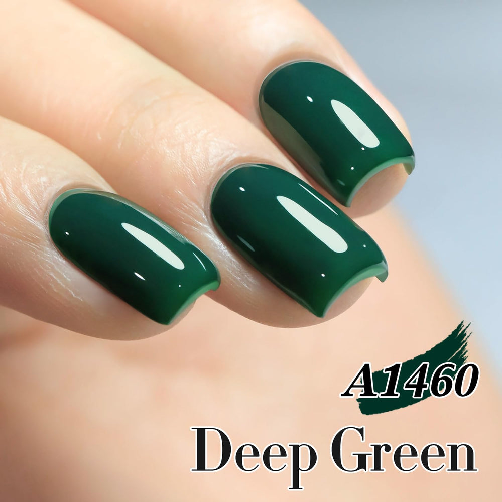 Shiny deep green nails under light finished with Double Rhythm polish.