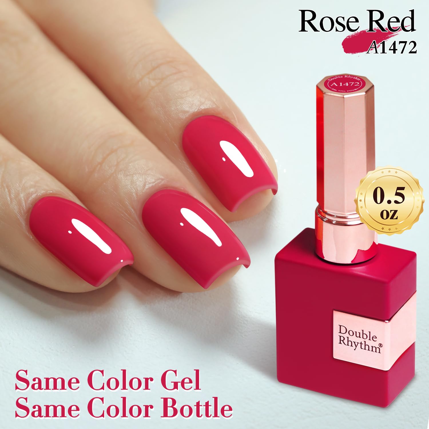 Double Rhythm finished nails with glossy red-pink color.