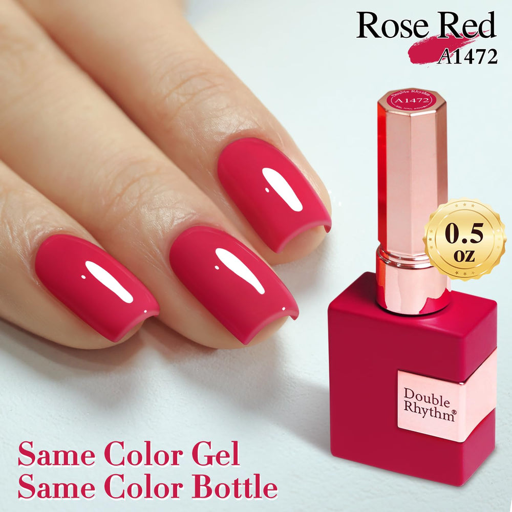 Double Rhythm finished nails with glossy red-pink color.