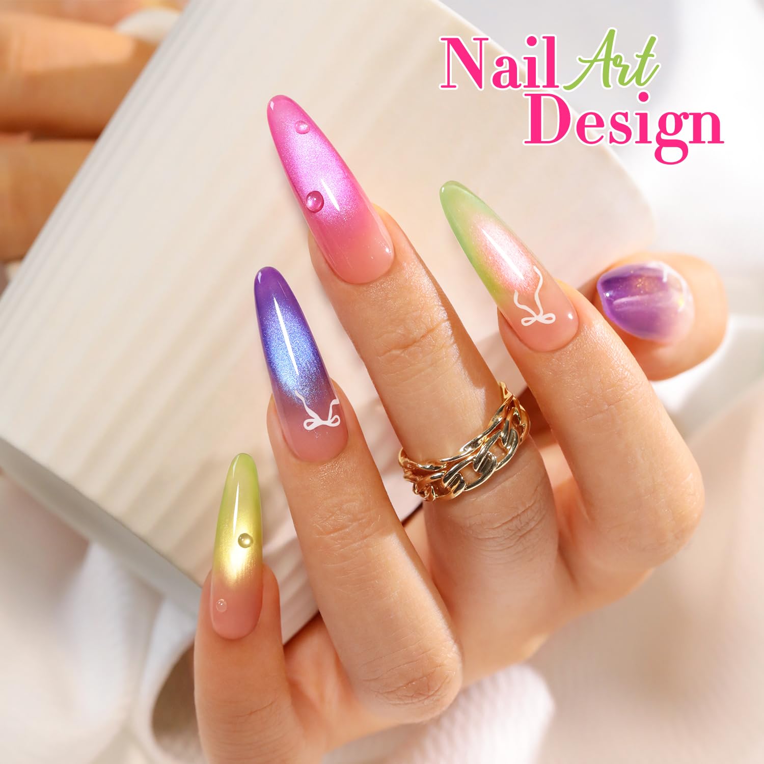 Six bottles with color swatches arranged for home manicure