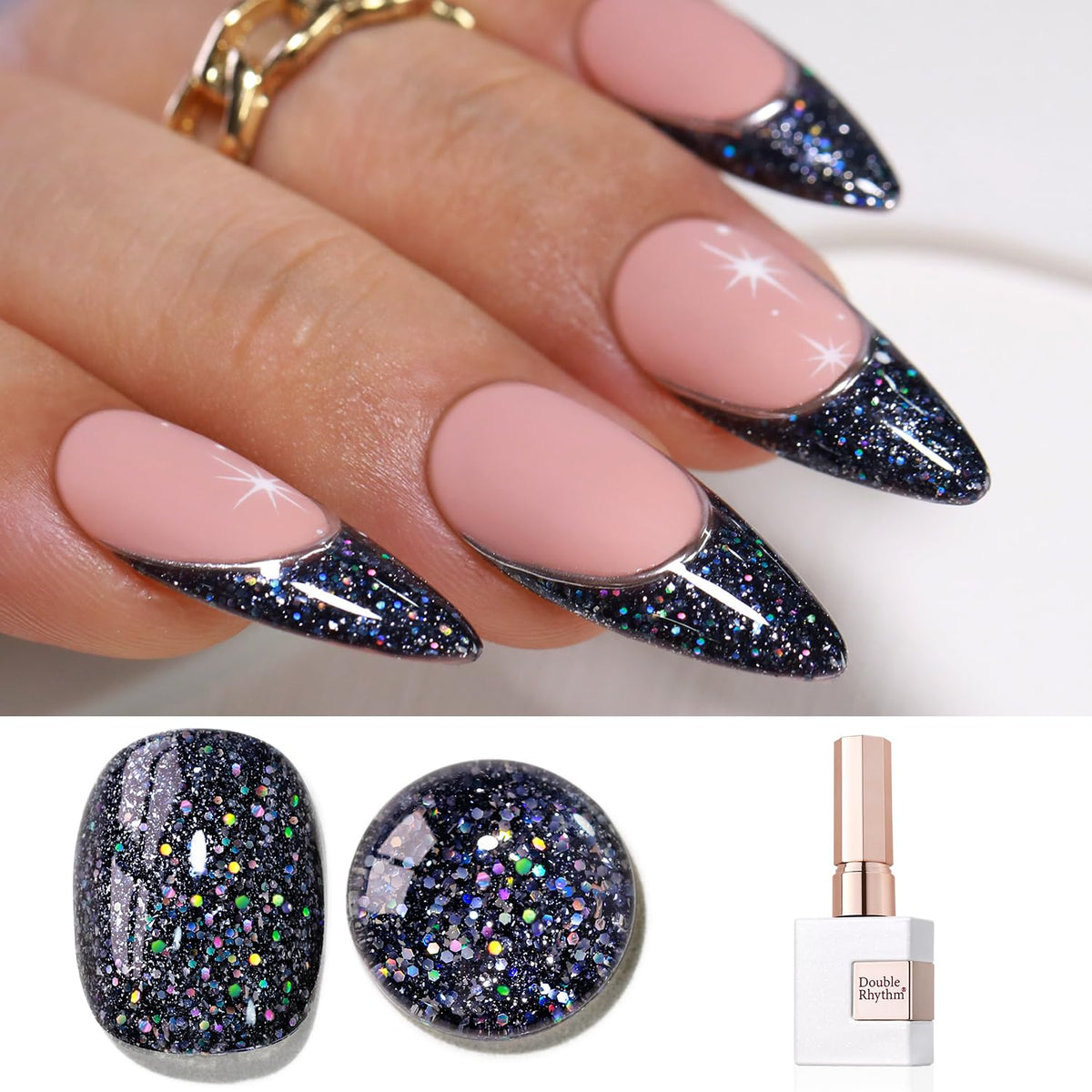 Double Rhythm gel polish 15ml bottle closeup showing rich glitter shimmer for nail art inspiration